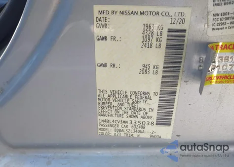 2021 Nissan Altima Sr Fwd from USA, damaged, VIN 1N4BL4CV3MN335038